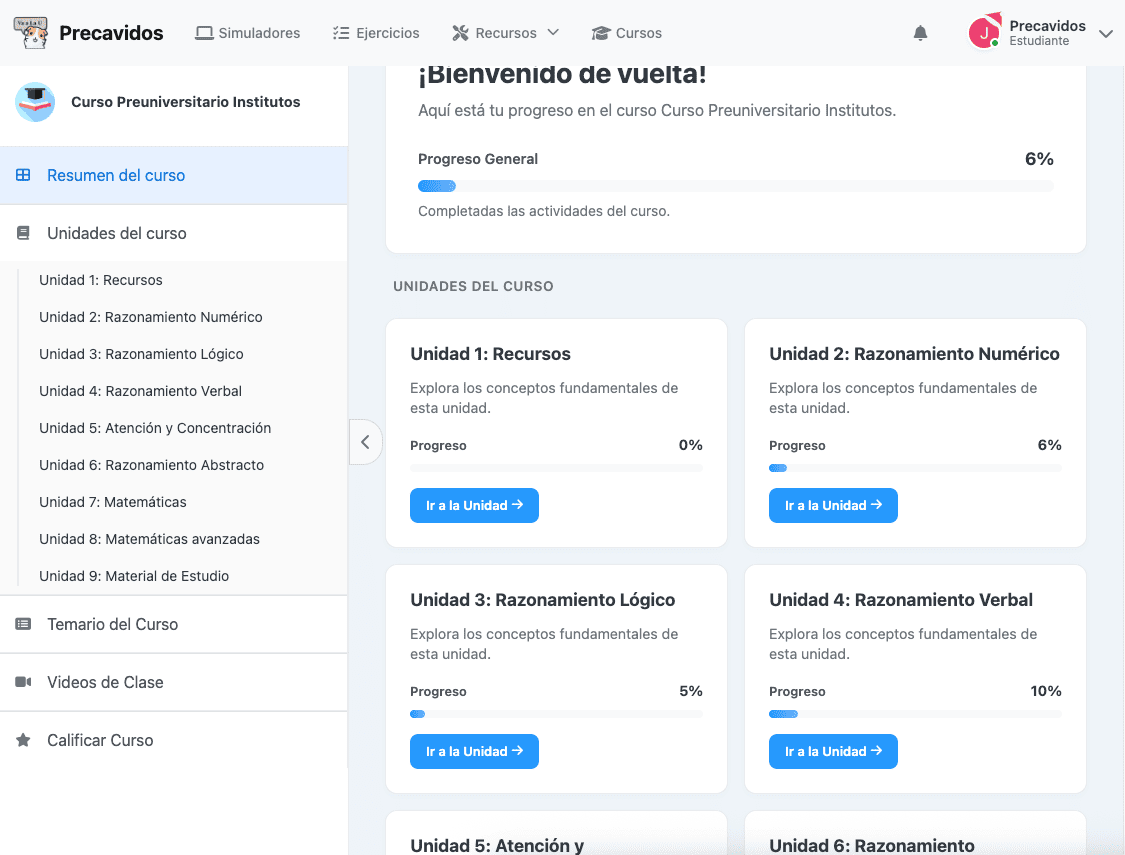 Interfaz de la plataforma Precavidos mostrando unidades